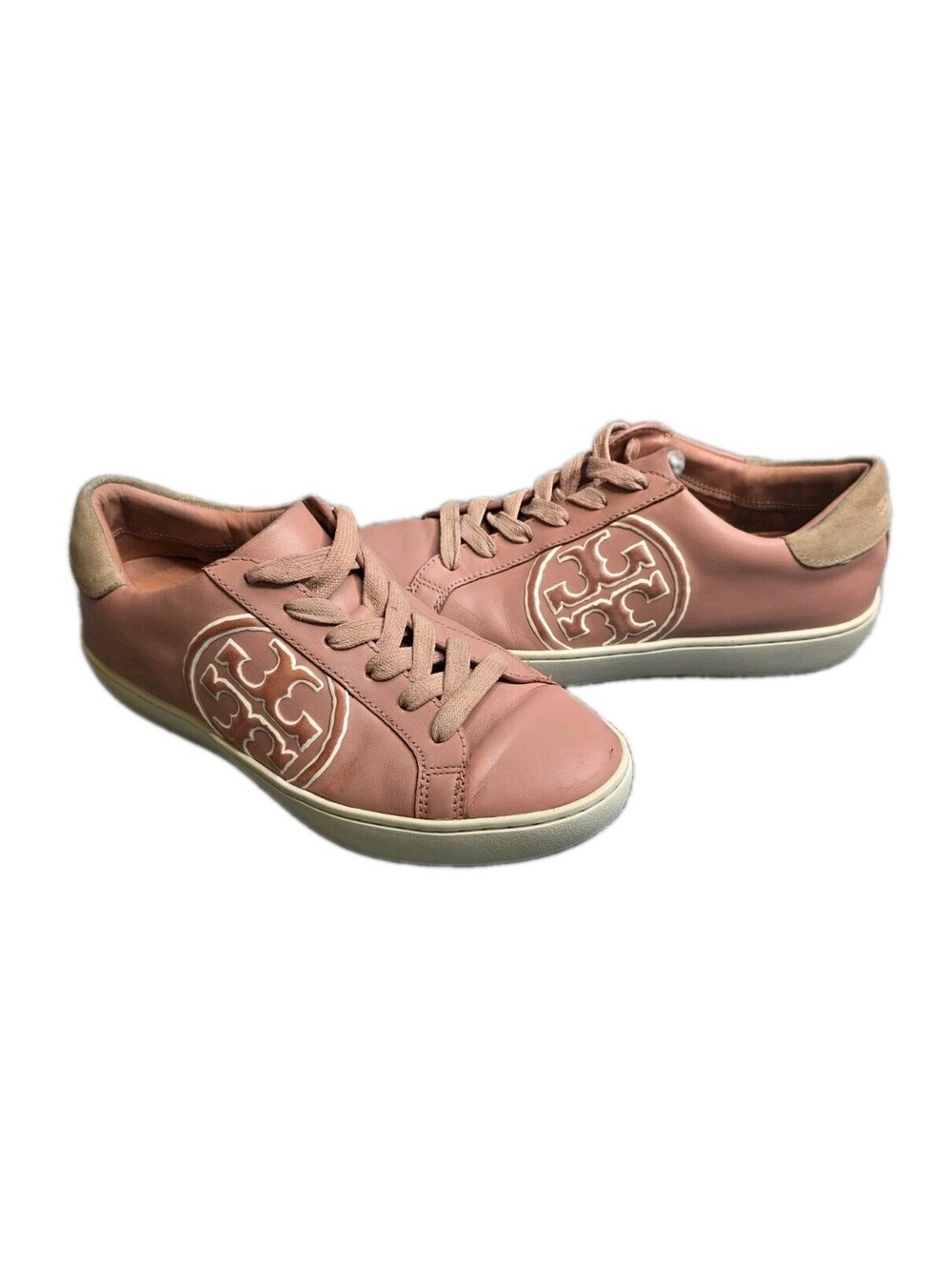 Tory Burch T-Logo Leather Suede Sneaker Pink Moon New Ivory Size 7M 85093 READ